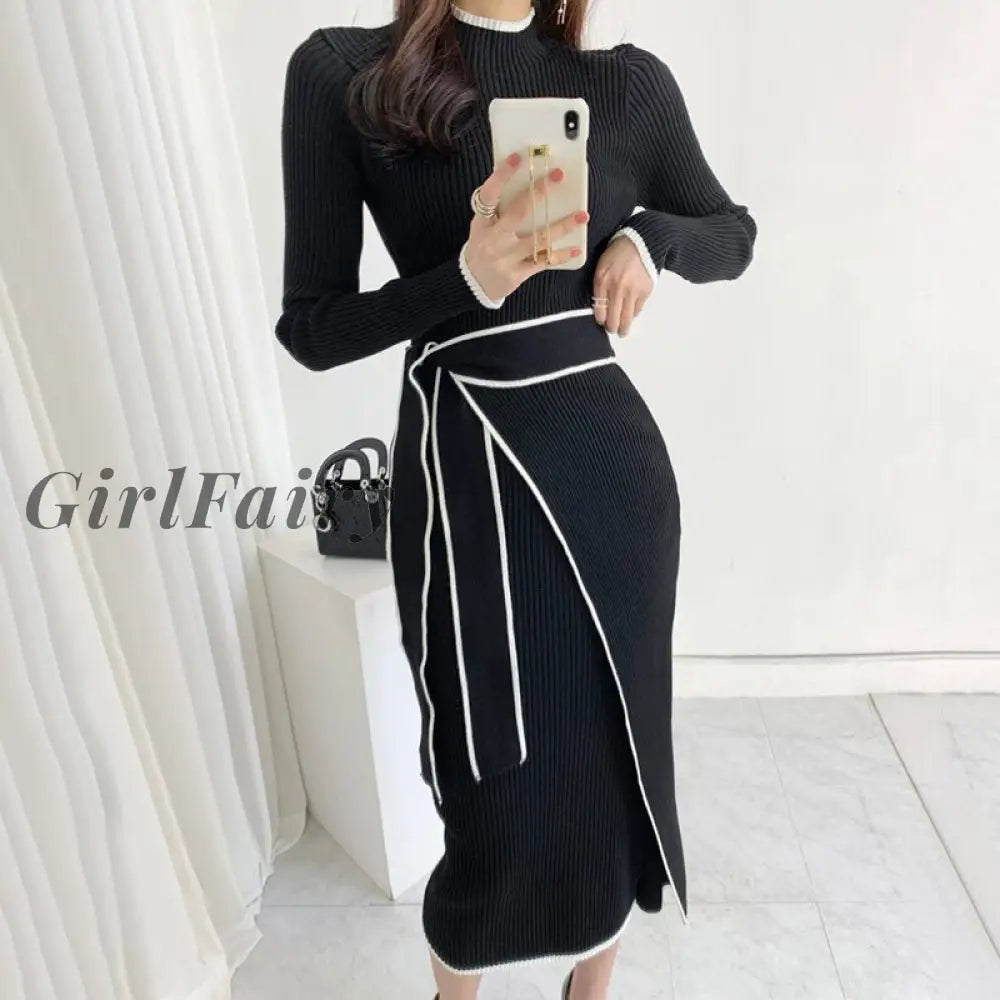 Girlfairy 2023 Fall Winter Korean Fashion Ladies Long Sleeve Stand Collar With Belt Color-Blocked