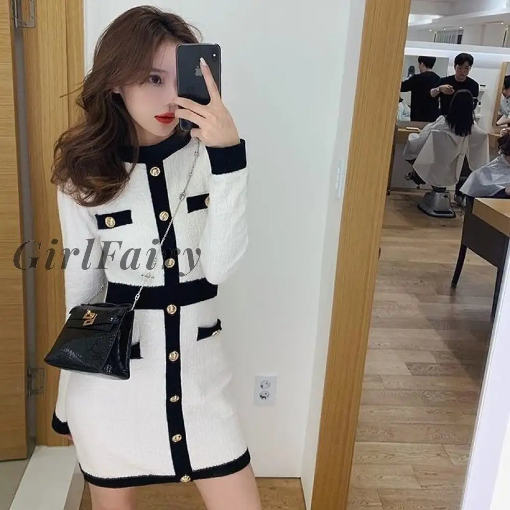 Girlfairy 2023 Fashion Korean Style Knitted Dress Winter White Women Knit Bodycon Elegant Long