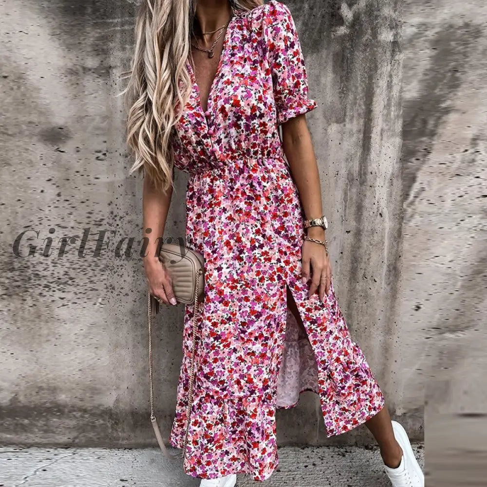 Girlfairy 2023 Floral Print Dress Women Summer Sexy Button V-Neck Split Long Elegant Elastic Waist