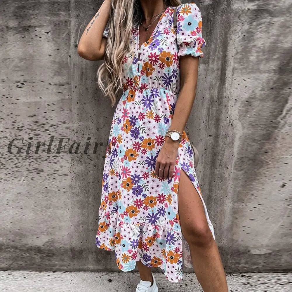 Girlfairy 2023 Floral Print Dress Women Summer Sexy Button V-Neck Split Long Elegant Elastic Waist