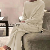 Girlfairy 2023 Knitted Sweater Suit Women Elegant Solid O-Neck Pullovers+Wide Leg Pants Lady Autumn