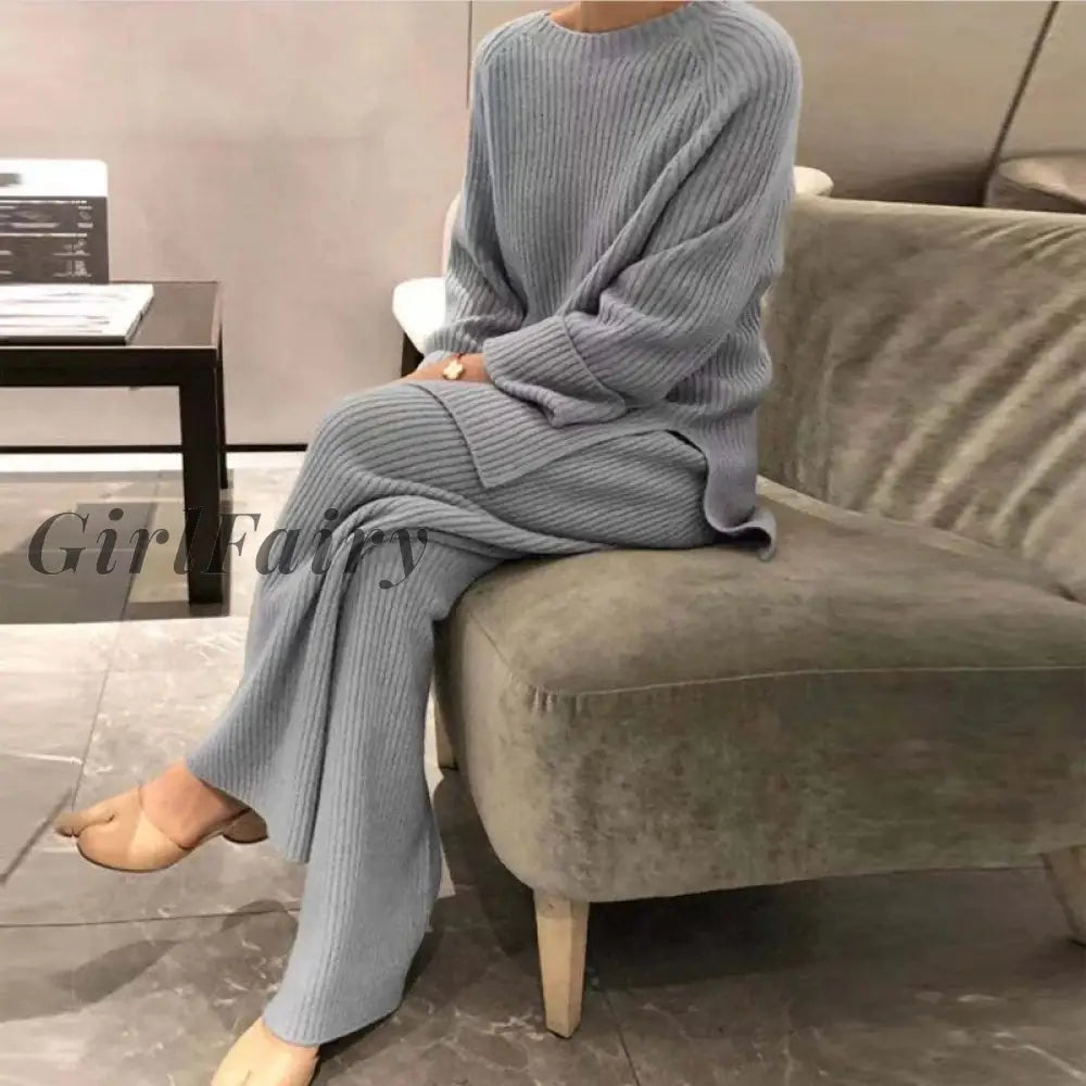 Girlfairy 2023 Knitted Sweater Suit Women Elegant Solid O-Neck Pullovers+Wide Leg Pants Lady Autumn