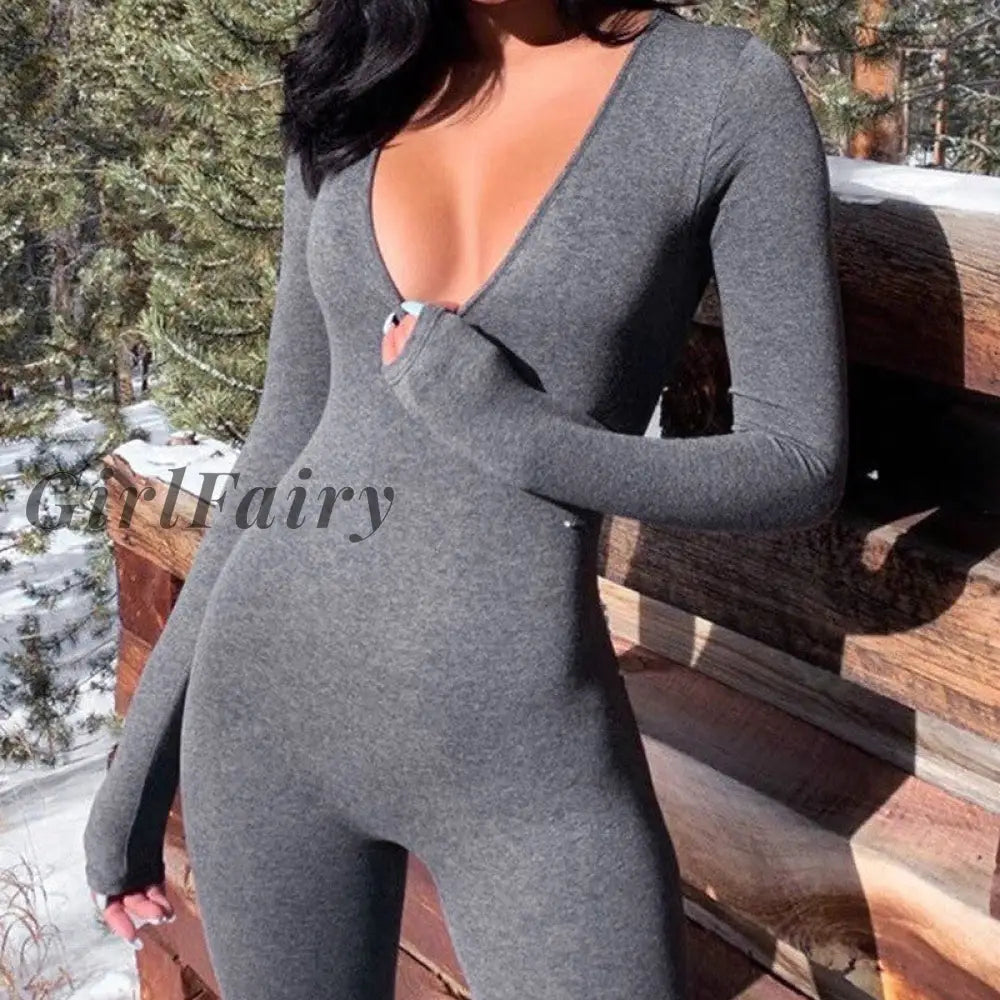 Girlfairy 2023 Long Sleeve Bodycon Pure Sexy Jumpsuit Summer Women Fashion Streetwear Outfits