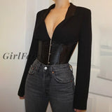 Girlfairy 2023 Long Sleeve V-Neck Belt Band Patchwork Bandage Sexy Tops Spring Women Office Lady