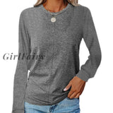 Girlfairy 2023 New Autumn Winter Cotton Blouse Long Sleeve O-Neck Bottoming Tops Shirts Solid Color