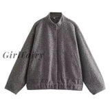 Girlfairy 2023 New Autumn Winter Womens Jackets With Buttons Bombers Grey Long Sleeve Coat Lady