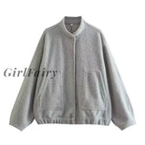 Girlfairy 2023 New Autumn Winter Womens Jackets With Buttons Bombers Grey Long Sleeve Coat Lady