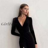 Girlfairy 2023 New Elegant Black Split Party Slim Dress Women Sexy V Neck Long Sleeve Wrap Midi