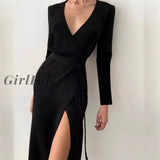Girlfairy 2023 New Elegant Black Split Party Slim Dress Women Sexy V Neck Long Sleeve Wrap Midi