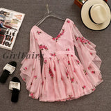Girlfairy 2023 New Fashion Summer Womens Sweet V Collar Flowers Embroidered Pink Chiffon Dress Slim
