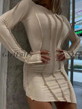 Girlfairy 2023 New Fashion Women Autumn Solid Color Patchwork Dress Round Collar Long Sleeve Bodycon