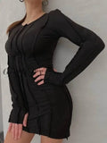 Girlfairy 2023 New Fashion Women Autumn Solid Color Patchwork Dress Round Collar Long Sleeve Bodycon