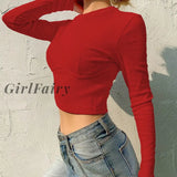 Girlfairy 2023 New Fashion Women T-Shirts Vintage Long Sleeve O-Neck Harajuku Shirt Streetwear Top