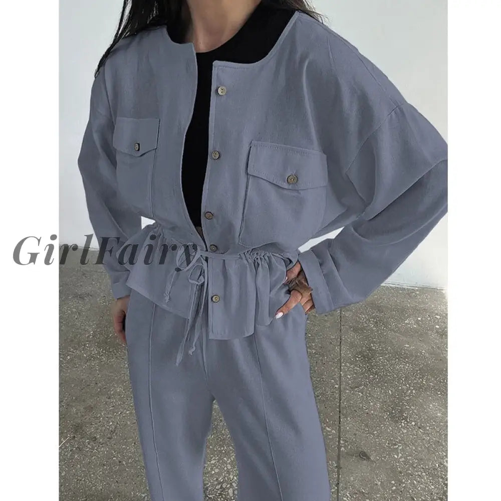 Girlfairy 2023 New Gray Drawstring Design Round Neck Long Sleeve Trousers Set Autumn Fashion Womens