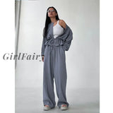 Girlfairy 2023 New Gray Drawstring Design Round Neck Long Sleeve Trousers Set Autumn Fashion Womens
