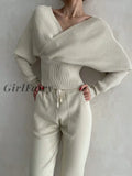 Girlfairy 2023 New Sexy Off Shoulder Knitted Two Piece Set Women Long Sleeve Sport Tracksuit 2