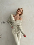 Girlfairy 2023 New Sexy Off Shoulder Knitted Two Piece Set Women Long Sleeve Sport Tracksuit 2