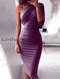 Girlfairy 2023 New Sexy One Shoulder Bodycon Party Dresses Elegant Women Casual Midi Sheath Slim