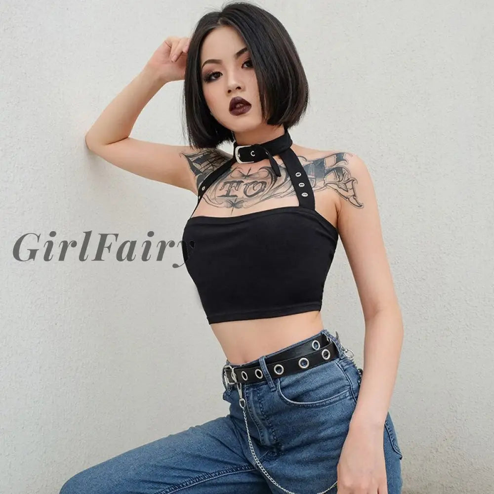 Girlfairy 2023 New Sexy Women Summer Sleeveless Harajuku Short Vest+Necklace Crop Tops Black Gothic