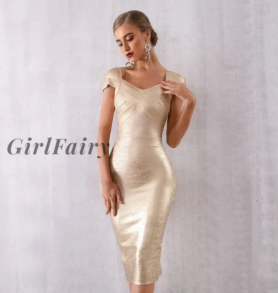Girlfairy 2023 New Summer Gold Bandage Dress Women Vestido Sexy Short Sleeve Bodycon Club Midi