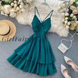 Girlfairy 2023 New Summer Spring Beach Holiday V-Neck Backless Lace Up Ruffles Cakes Solid Elegant