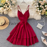 Girlfairy 2023 New Summer Spring Beach Holiday V-Neck Backless Lace Up Ruffles Cakes Solid Elegant