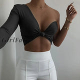 GirlFairy 2023 New Women Sexy Single Shoulder T Shirt Summer Solid Color V-neck Irregular Hem Chest Knotted Midriff-baring Tops Black/Pink/White