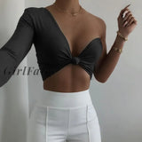 Girlfairy 2023 New Women Sexy Single Shoulder T Shirt Summer Solid Color V-Neck Irregular Hem Chest