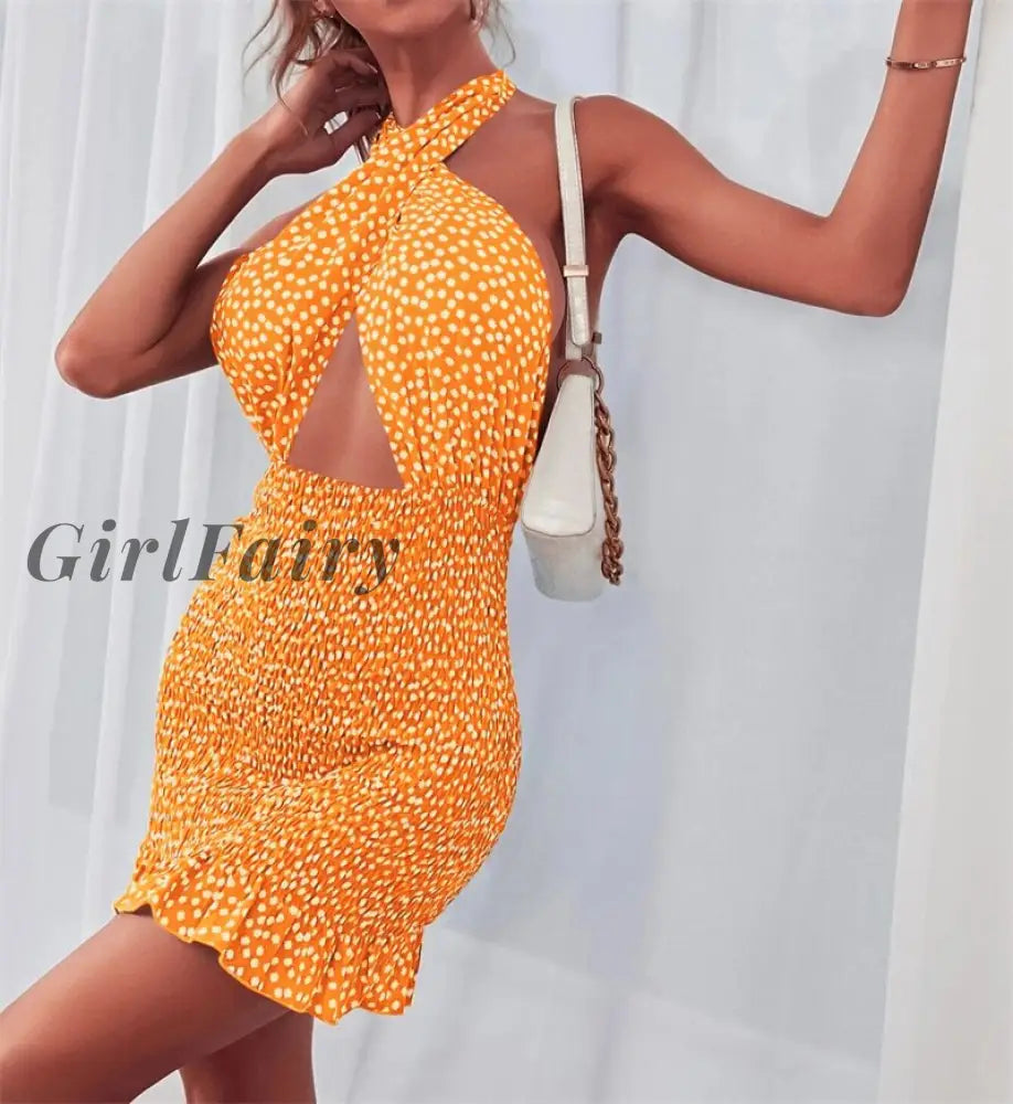 Girlfairy 2023 New Women Sleeveless Backless Cross Hollow Out Dress Floral Printed Pattern Halter
