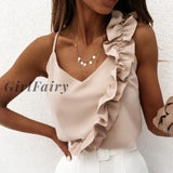 Girlfairy 2023 New Women Summer Blouse Shirts Sexy V Neck Ruffle Blouses Backless Spaghetti Strap Office Ladies Sleeveless Casual Tops