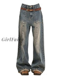 Girlfairy 2023 New Women Vintage Wash Blue Jeans High Waist  Straight Simple Denim Pants Y2K Female Casual American Style BF Streetwear