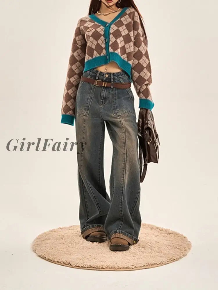 Girlfairy 2023 New Women Vintage Wash Blue Jeans High Waist Straight Simple Denim Pants Y2K Female