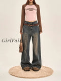 Girlfairy 2023 New Women Vintage Wash Blue Jeans High Waist Straight Simple Denim Pants Y2K Female