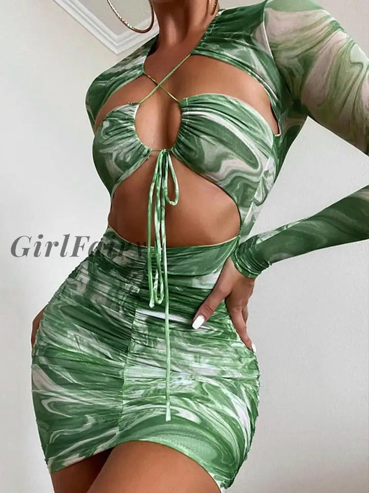 Girlfairy 2023 Print Mini Dress For Woman Hollow Out Lace Up Long Sleeve Green Women Holiday Sexy