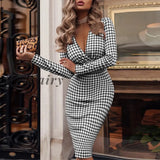 Girlfairy 2023 Sexy Deep V Neck Women Party Dresses Mujer Fashion Lady Houndstooth Plaid Bodycon