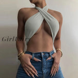 Girlfairy 2023 Sleeveless Solid Bandage Backless Halter Sexy Tank Top Spring Summer Women Fashion