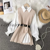 Girlfairy 2023 Spring Autumn Womens Lantern Sleeve Shirt Knitted Vest Two Piece Sets Of College