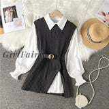 Girlfairy 2023 Spring Autumn Womens Lantern Sleeve Shirt Knitted Vest Two Piece Sets Of College