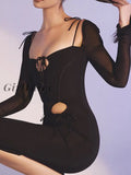 Girlfairy 2023 Spring Sexy Mesh See Through Mini Dress Elegant Fashion Outfits Tie Up Long Sleeve
