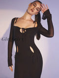 Girlfairy 2023 Spring Sexy Mesh See Through Mini Dress Elegant Fashion Outfits Tie Up Long Sleeve