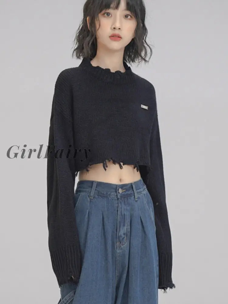Girlfairy 2023 Spring Summer Korean Fashion Women Crop Tops Long Sleeve O-Neck Sweater Solid Color