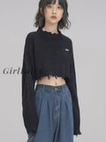Girlfairy 2023 Spring Summer Korean Fashion Women Crop Tops Long Sleeve O-Neck Sweater Solid Color Knitwear Streetwear Loose Casual Tide