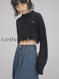 Girlfairy 2023 Spring Summer Korean Fashion Women Crop Tops Long Sleeve O-Neck Sweater Solid Color