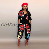 Girlfairy 2023 Style Brand Fashion Hip Hop Women Jumpsuit Special Letter Turn Down Collar Half