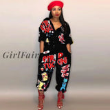 Girlfairy 2023 Style Brand Fashion Hip Hop Style Women Jumpsuit Special Letter Turn Down Collar Half Sleeve Romper Jumpsuit