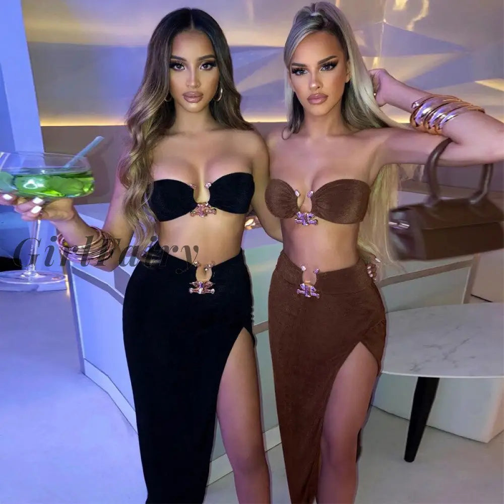 Girlfairy 2023 Summer Sexy Fashion Party Split Two Piece Dress Sets Elegant Women Strapless Top And