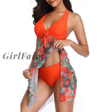 Girlfairy 2023 Summer Women Floral Mesh Tankini Swimdress Sexy Backless Halter Two Pieces Swimsuit