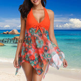 Girlfairy 2023 Summer Women Floral Mesh Tankini Swimdress Sexy Backless Halter Two Pieces Swimsuit