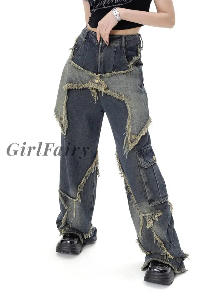 Girlfairy 2023 Summer Women New High Waist Vintage Tassel Design Jean Trousers Female Straight