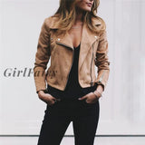 Girlfairy 2023 Winter Autumn Motorcycle Leather Jackets Yellow Jacket Women Coat Slim Pu Coffee / S